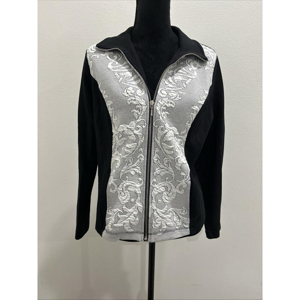 Zenergy by Chicos Sz 1 Womens M Black White Full Zip Jacket Mock Neck